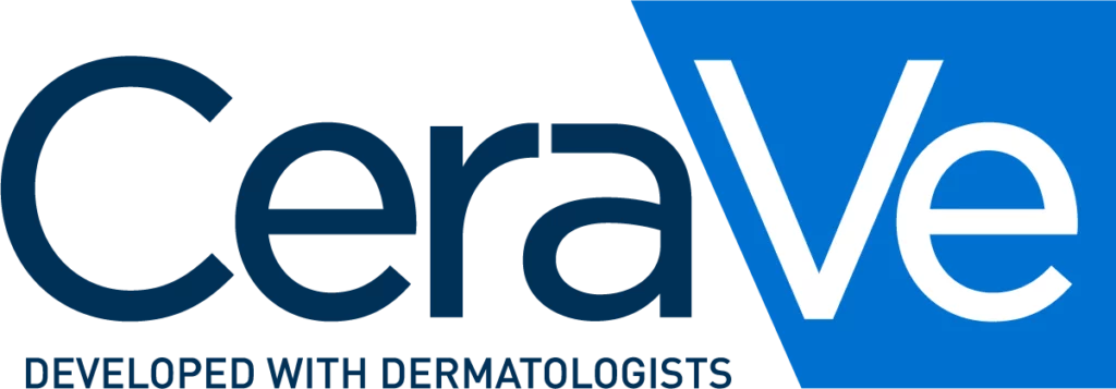 Logo CeraVe prezentuje nazwę marki na białym tle z niebieskim trójkątnym segmentem po prawej.