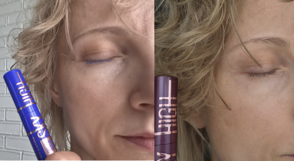 Rzęsy z nałożonym tuszem Maybelline Sky High - niebieski i Burgund