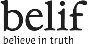 Logo "belif" przedstawia napis "believe in truth" umieszczony na jednolitym białym tle.