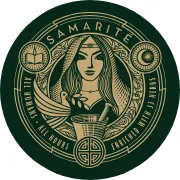 Stylizowana kobieta trzyma gałązkę, otoczona dekoracyjnym zielono‑złotym emblematem z napisem "SAMARITE".