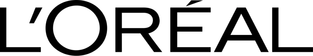 Logo L'ORÉAL wyświetlone czarną typografią na białym tle, minimalistyczne i eleganckie.