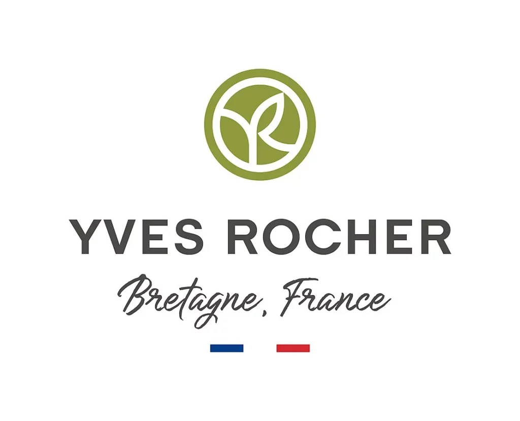 Logo Yves Rocher przedstawia zielony okrągły liść nad napisem i francuską flagą na białym tle.
