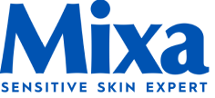 Logo marki Mixa zawiera niebieski napis „Mixa” i hasło „SENSITIVE SKIN EXPERT” na białym tle.