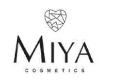 Logo marki "MIYA" z napisem "COSMETICS" — stylizowane litery pod geometrycznym sercem, na białym tle.