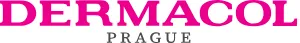 Logo Dermacol prezentuje różowy napis "DERMACOL" nad czarnym napisem "PRAGUE" na białym tle.