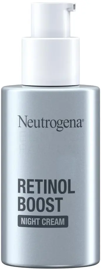 Srebrna butelka kremu Neutrogena Retinol Boost z pompką i napisem "Night Cream", na białym tle.