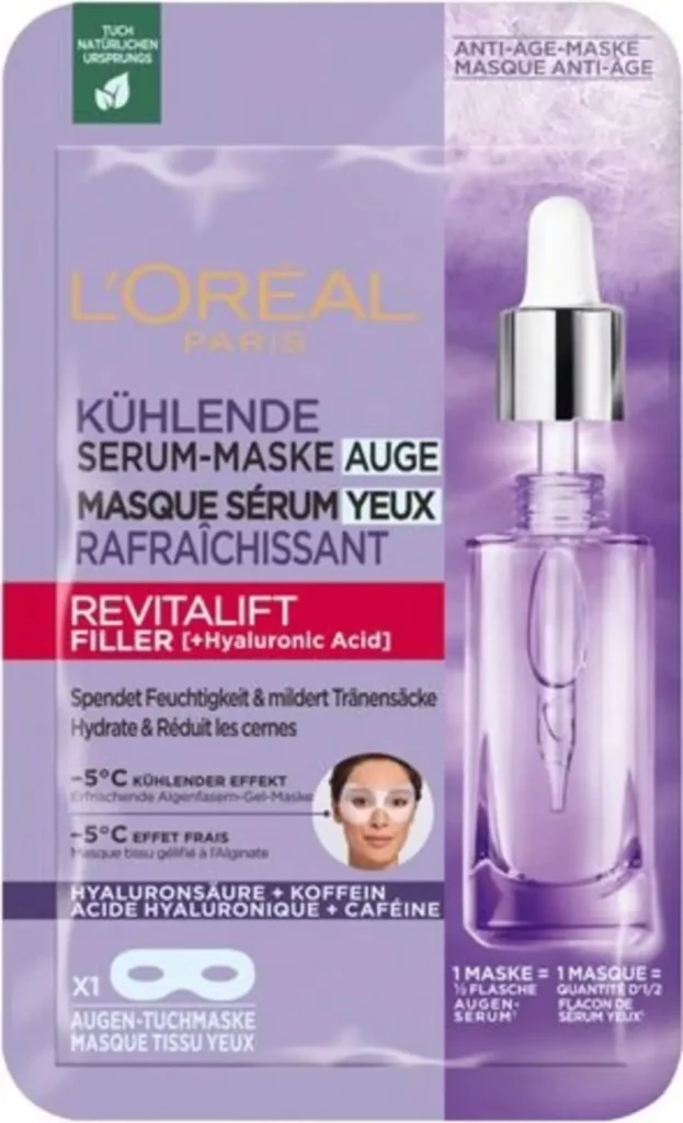Opakowanie płatków pod oczy L'Oréal przedstawia buteleczkę z pipetą na fioletowym tle.