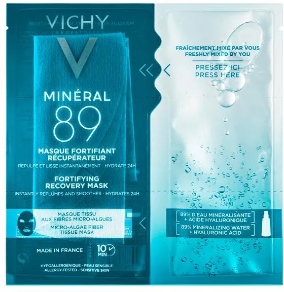Opakowanie maseczki Vichy Mineral 89: płat i ampułka żelu obok, medyczne, turkusowe tło.