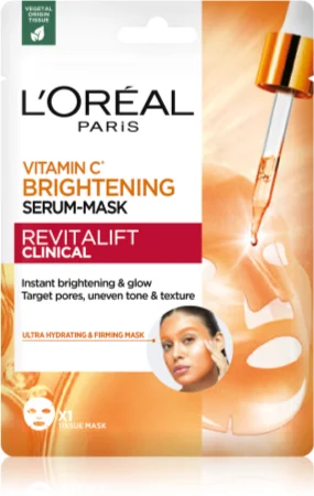 Opakowanie maseczki-serum z pipetą kapiącą kropelkę, pomarańczowe tło, logo L'Oréal.