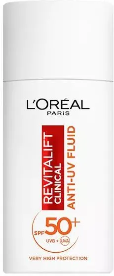 Biała butelka kremu L'Oréal Revitalift stoi pionowo na jasnym tle, oznaczona SPF 50+ przeciw UV.