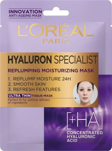 Opakowanie maseczki L'Oréal Hyaluron przedstawia informacje o nawilżeniu i składniku HA na fioletowym tle.
