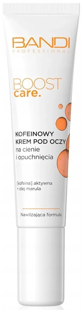 Tubka kofeinowego kremu pod oczy stoi pionowo, etykieta „BANDI Boost” widoczna na białym tle.