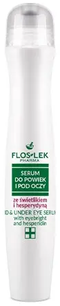Biała butelka roll-on Floslek z kulkowym aplikatorem, serum do powiek i pod oczu na białym tle.