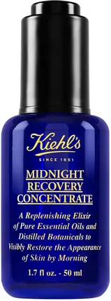 Niebieska butelka serum Kiehl's stoi pionowo na białym tle, etykieta "Midnight Recovery" widoczna.