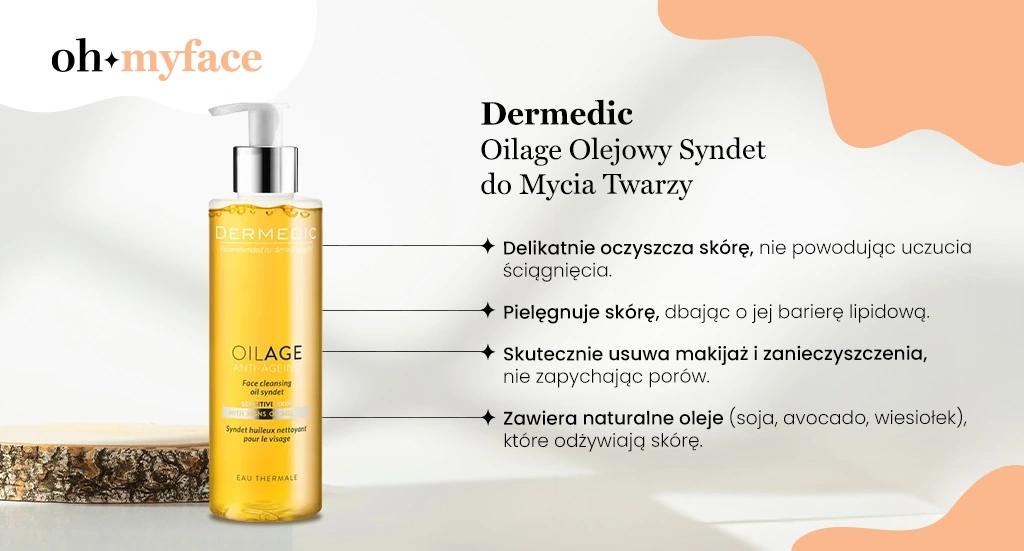 Infografika dotycząca właściwości olejowego syndetu do demakijażu Dermedic Oliage