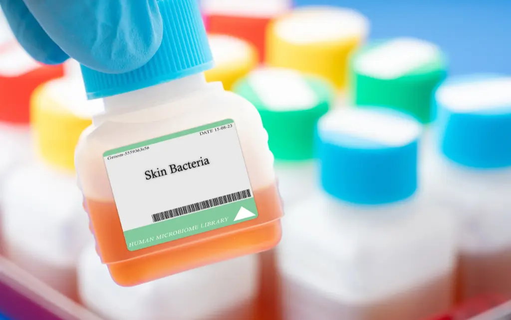 Butelka laboratoryjna z napisem bakterie skórne 