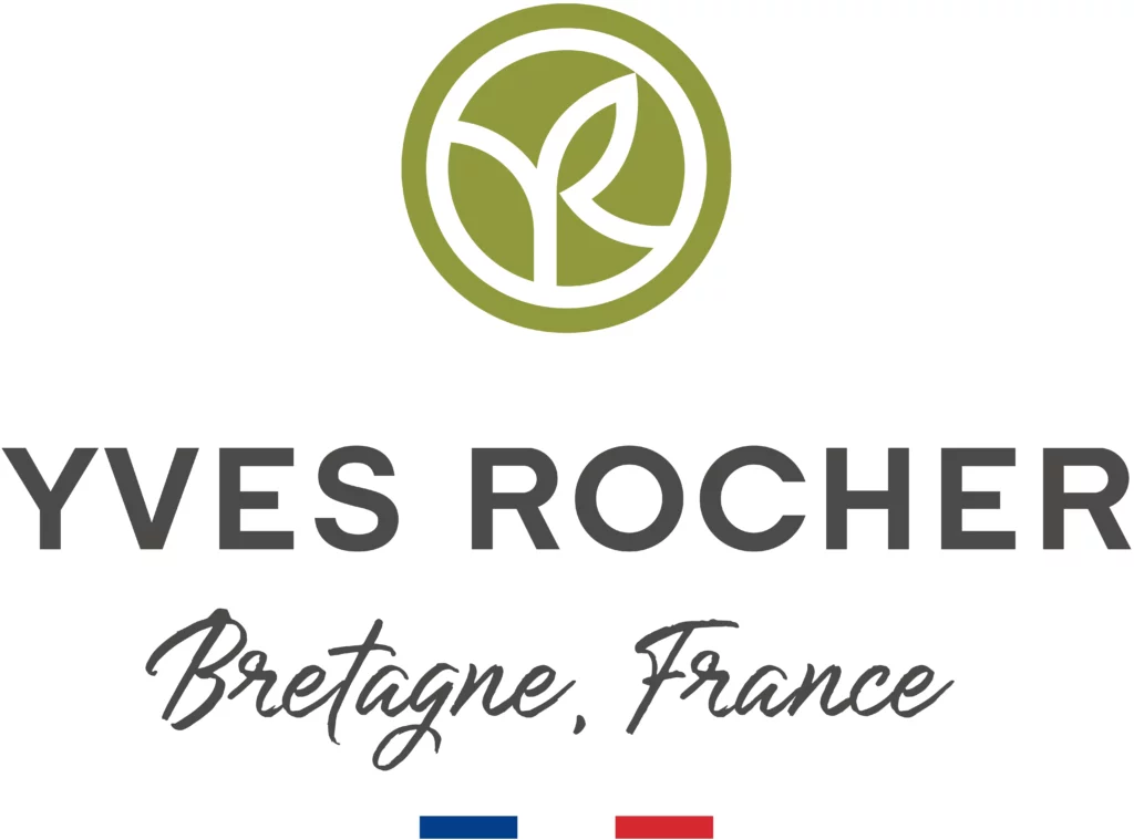 Logo Yves Rocher przedstawia zielony okrągły liść nad napisem i francuską flagą na białym tle.