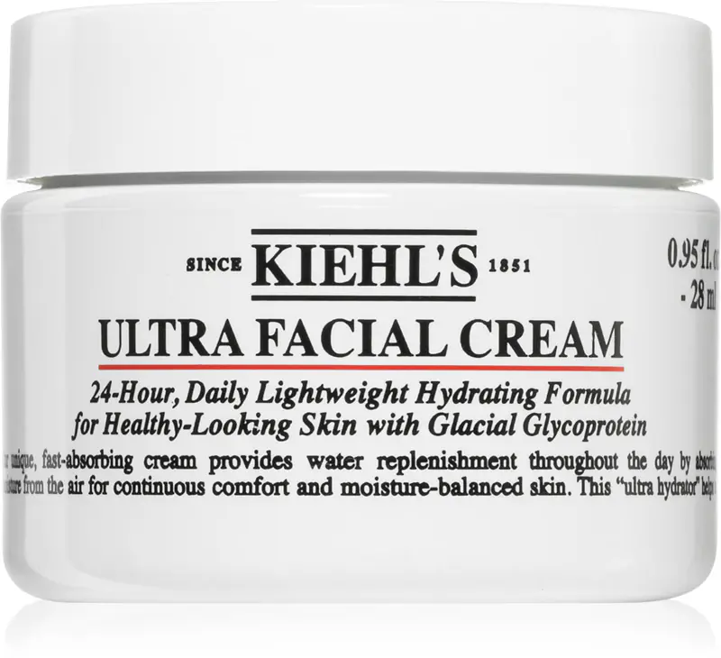 Słoiczek Kiehl's Ultra Facial Cream, zawiera nawilżający krem, ustawiony na białym tle.