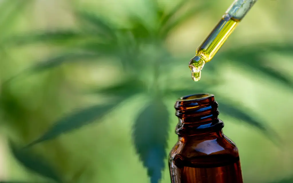 Ciemna szklana butelka z pipetką, w tle zielone liście konopi 