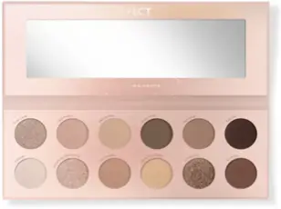 Paleta cieni do powiek, otwarta, pokazuje dwanaście neutralnych odcieni i wbudowane lusterko.