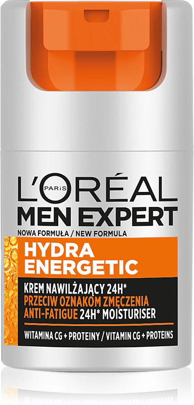 Butelka kremu L'Oréal Men Expert Hydra Energetic prezentuje pomarańczowo-białą etykietę na białym tle.