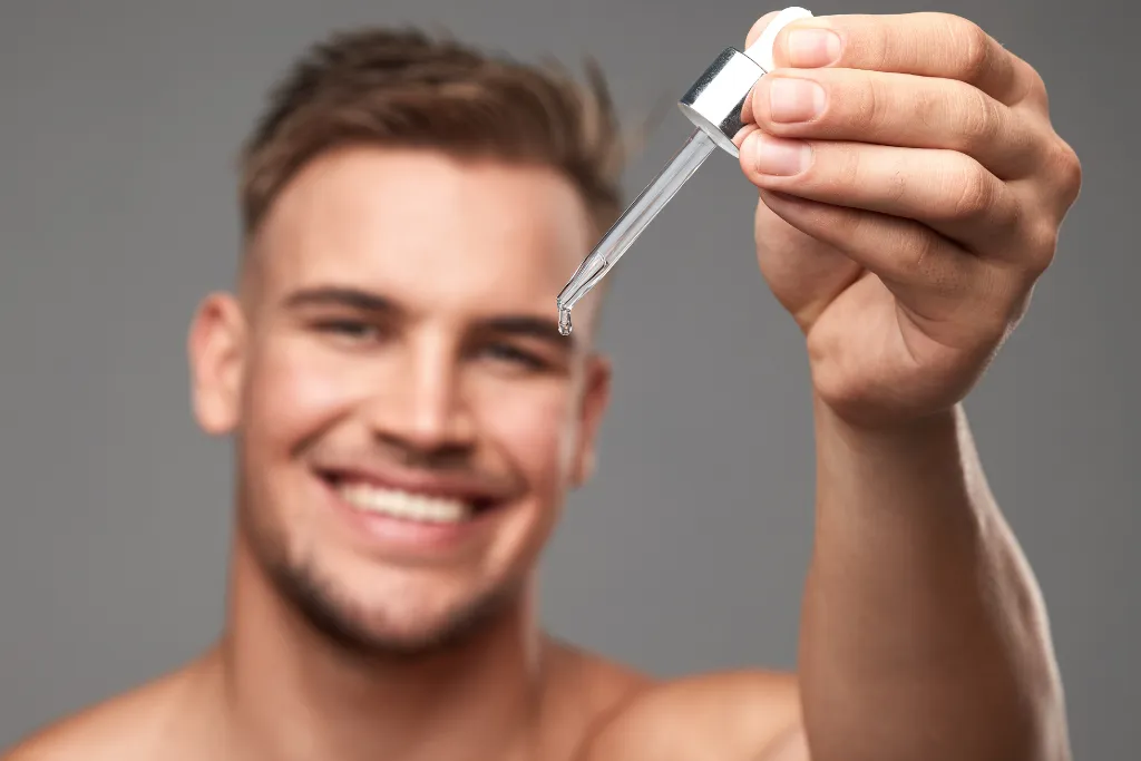 Zbliżenie na męską dłoń trzymającą pipetkę z serum do twarzy, w tle młody mężczyzna