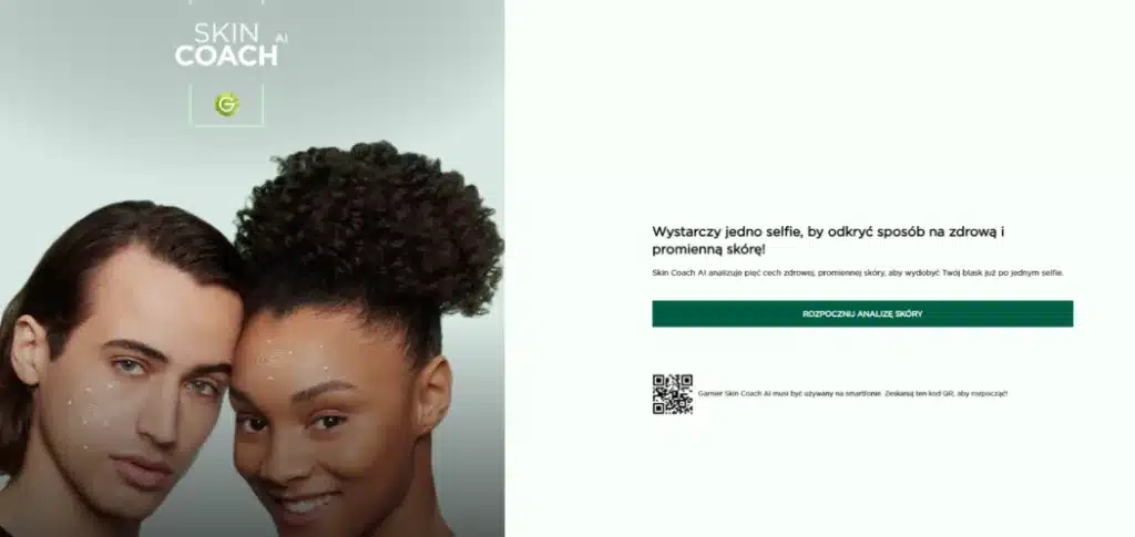 Strona z aplikacją do analizy stanu skóry Skin Coach AI Garnier 