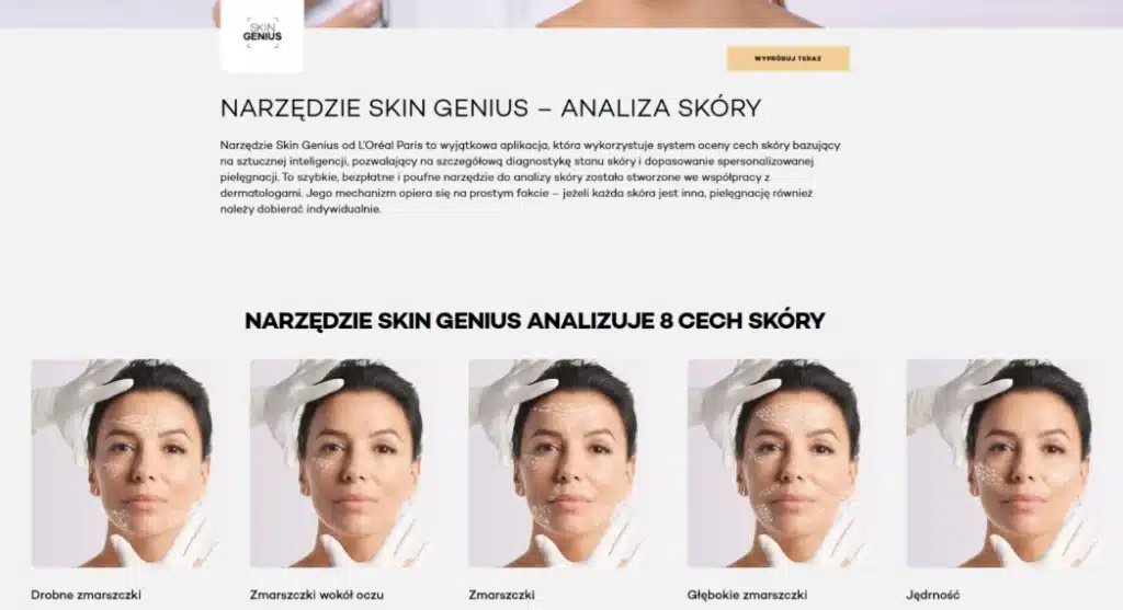 Strona z aplikacją do analizy stanu skóry Skin Genius L’Oréal Paris  