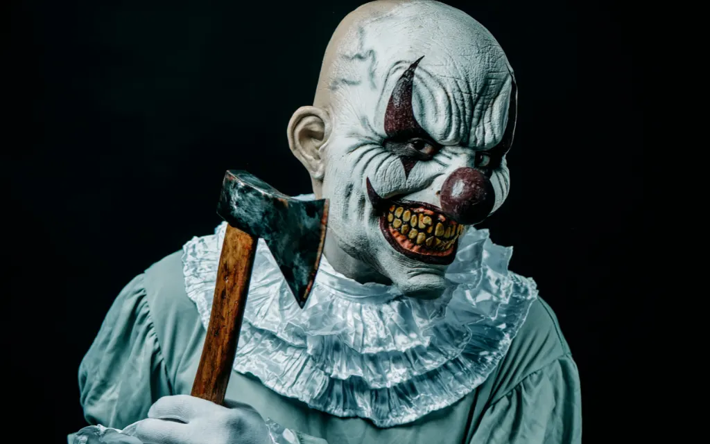 Mężczyzna przebrany za strasznego klauna na Halloween, trzyma w rękach siekierę 