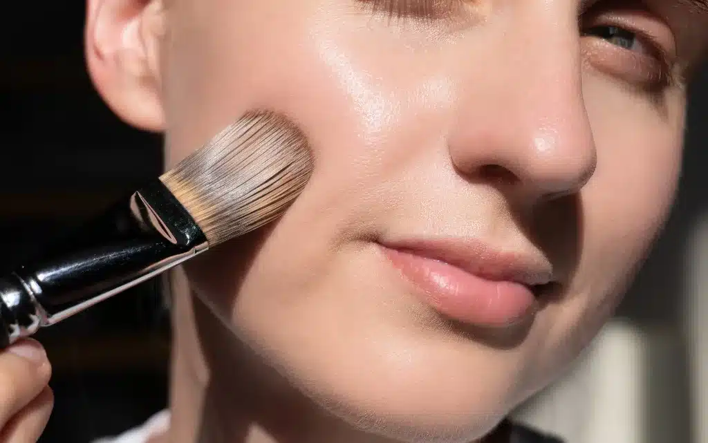 Młoda kobieta przykłada pędzle z rozświetlaczem do twarzy, by zrobić glow make-up