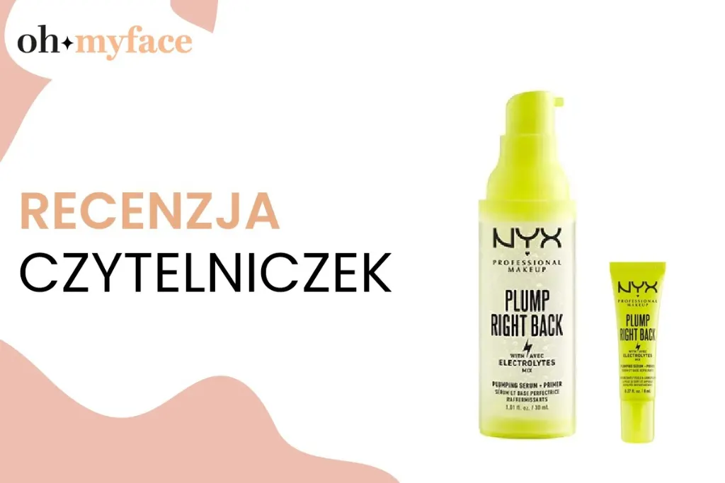 Butelka serum NYX stoi obok mniejszej tubki na białym tle z napisem "Recenzja czytelniczek".