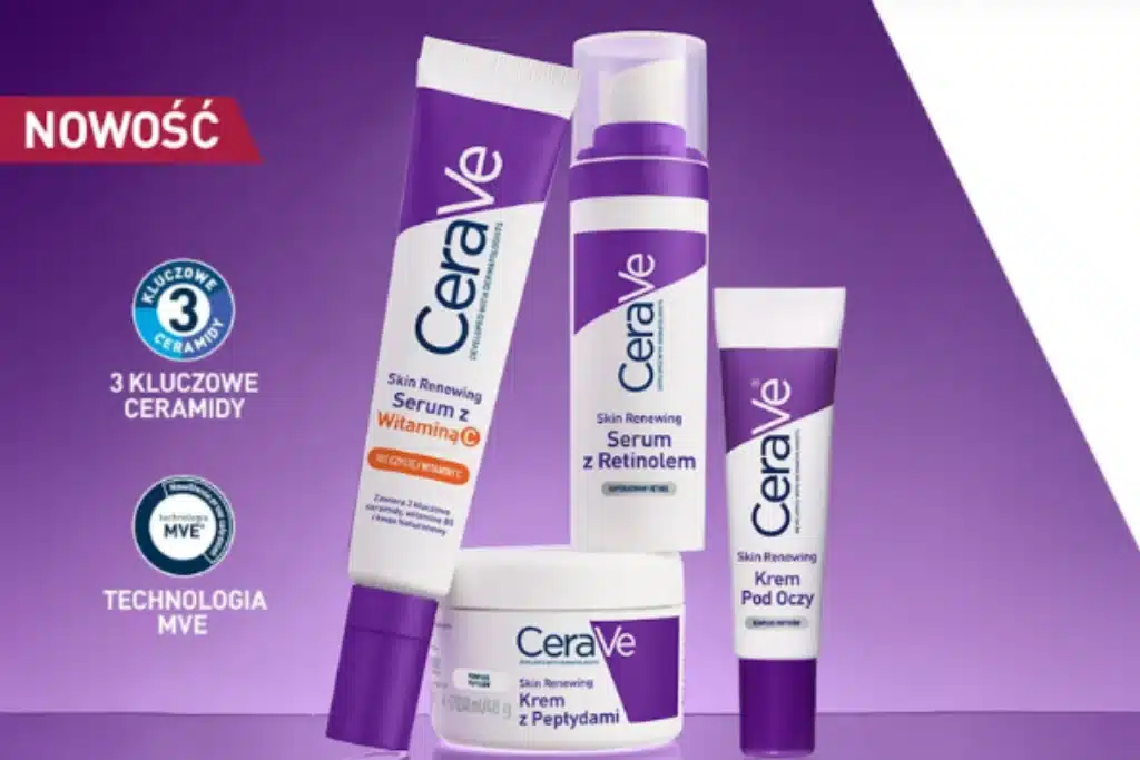 Opakowania kremów i serum CeraVe stoją pochylone na fioletowym tle w reklamowym układzie.