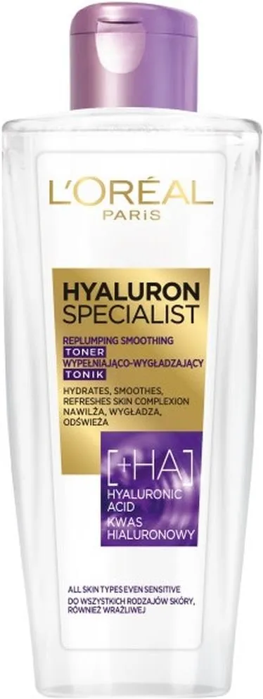 Butelka toniku L'Oréal Hyaluron Specialist z fioletową nakrętką oferuje nawilżenie skóry na białym tle.