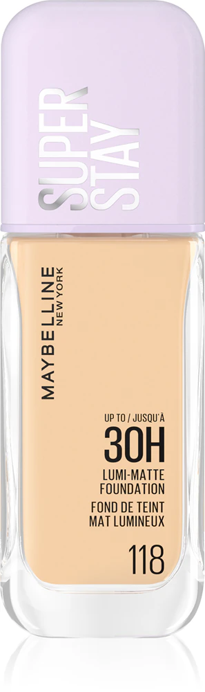 Butelka podkładu Maybelline Super Stay stoi pionowo, ukazując etykietę z odcieniem 118 na białym tle.