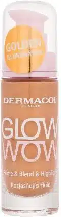 Butelka fluidu rozświetlającego Dermacol "Glow Wow" stoi pionowo, eksponując etykietę na jasnym tle.