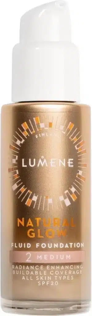 Butelka podkładu Lumene Natural Glow stoi pionowo z pompką, na białym tle.