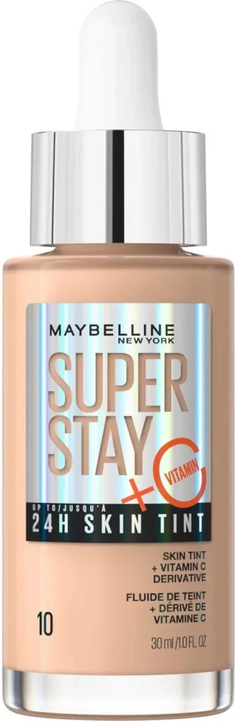Butelka podkładu Maybelline z pipetą stoi pionowo na czystym białym tle.