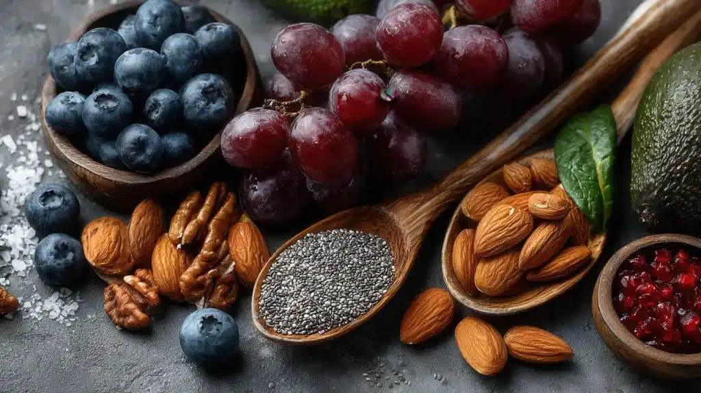 Naturalne źródła przeciwutleniaczy: winogrona, jagody, granat, chia, migdały  