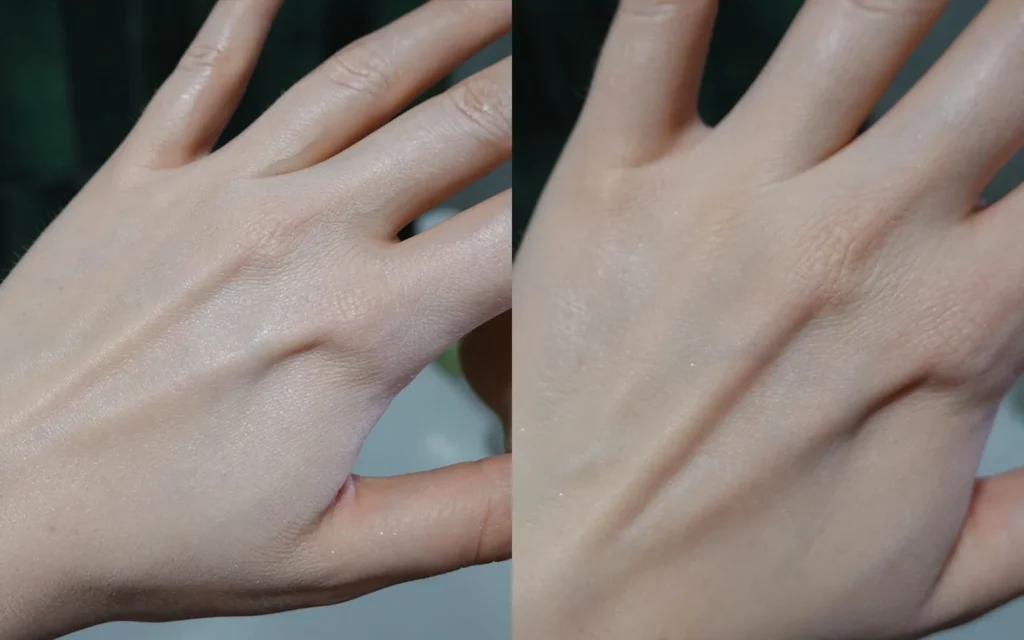 Podkład poprawiający wygląd skóry Givenchy Prisme Libre Glow Serum w kobiecej dłoni przed i po aplikacji 